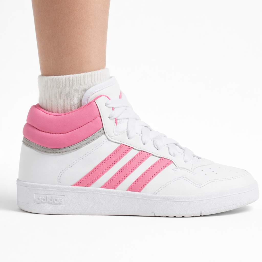 Adidas Kids White/Pink Hoops 4.0 Mid Sneakers, JI0906